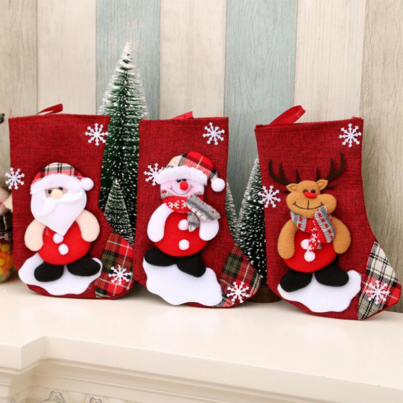 Lovely Xmas Printed Stocking Decorations, Santa Claus Ornament, Linen Tree Hanging Socks, Christmas Gift Candy Bags