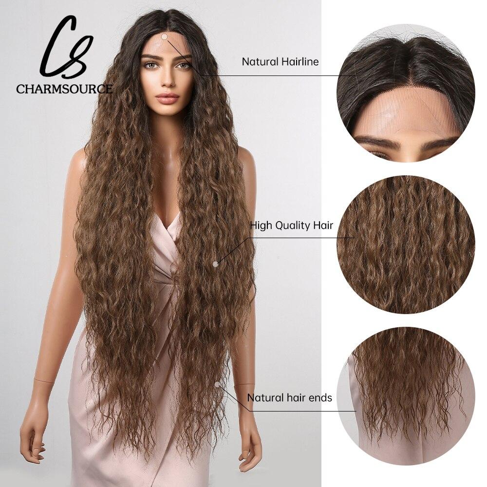 Супер длинный синтетический парик спереди, коричневые парики с омбре, вьющиеся парики для женщин, женские платья для косплея, вечерние платья, волосы из волокна высокой плотности