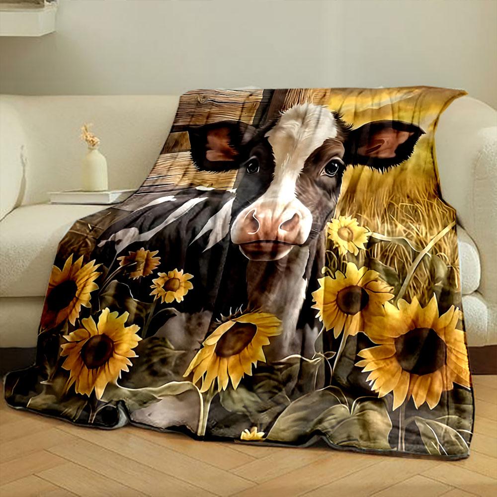 Cow and Sunflowers in Rustic Farm Scene print blanket soft and cozy perfect for the living room bed sofa or a nap,gift
