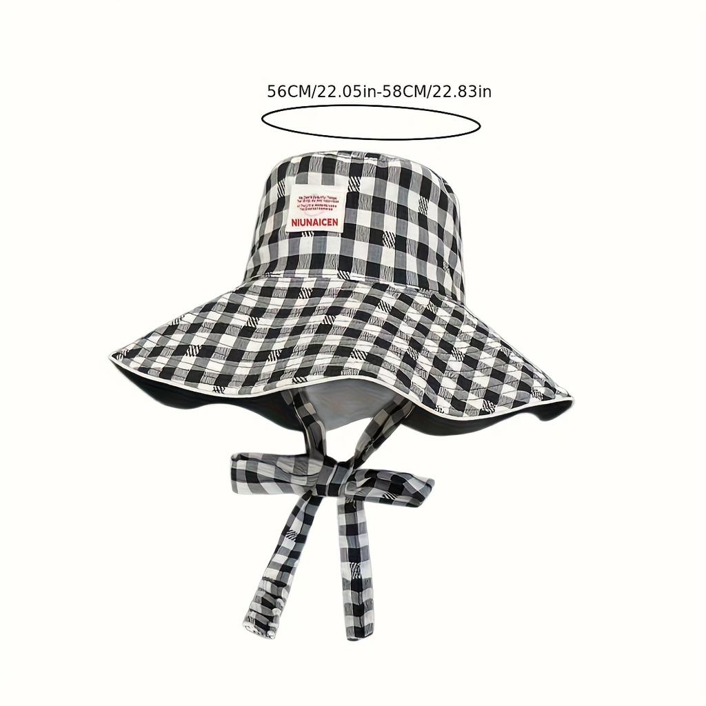 New Style Checked Wide-Brim Summer Sun Hat - Lightweight Foldable Double-Sided Lace-Up Boater Bucket Hat with Adjustable Closure