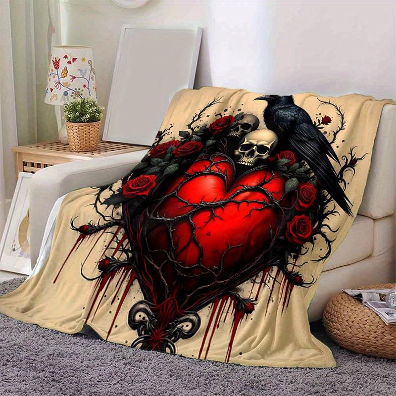 1pc Gothic Heart with Ravens Skulls and Red Roses Blanket Soft Throw for Home Decor, Gift Idea, Living Room, Travel, Camping, Car Blankets