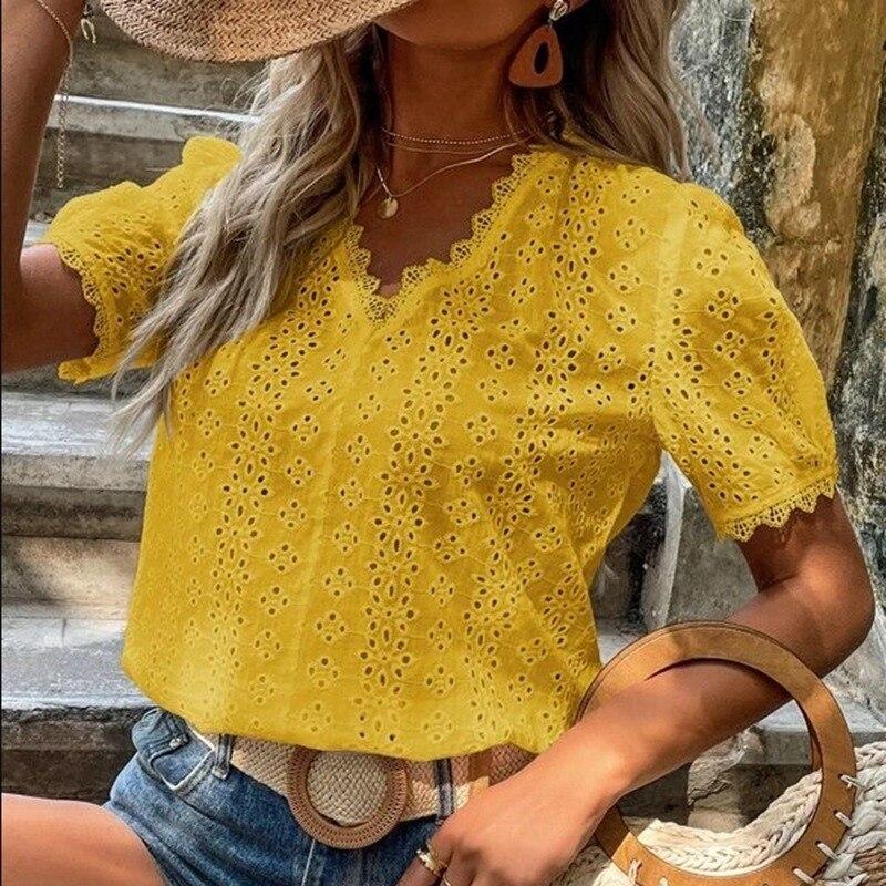 2024 Women Fashion Summer Blouse Elegant Lace Hollow Vintage Solid Shirt V-neck Lady Tops Puff Sleeve White 21385