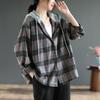 Японская винтажная клетчатая рубашка с длинным рукавом, женская, большого размера, повседневный свитер с капюшоном, модная распродажа товаров
