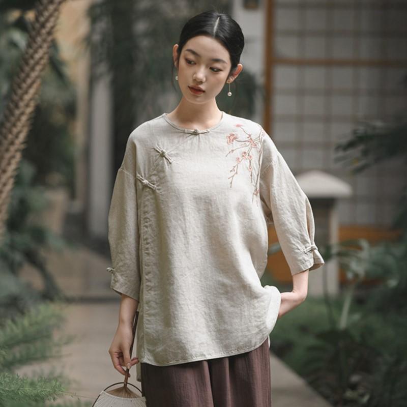 Johnature Женские рубашки с вышивкой, с цветочным узором, с круглым вырезом, топы в китайском стиле, однотонные блузки, летние свободные рубашки