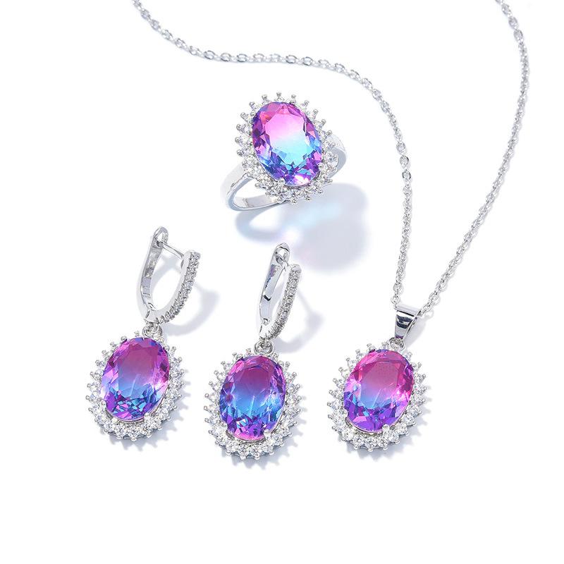 Комплект из овальных цирконов, кольцо Super Flash, серьги, ожерелье, комплект ювелирных изделий.