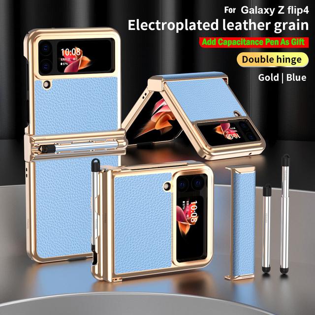 For Samsung Z Flip 4 Case Dual Hinge With Pen Slot Plating Leather Cover For Galaxy Z Flip 4 Hinge Case +Capacitance Touch Pen