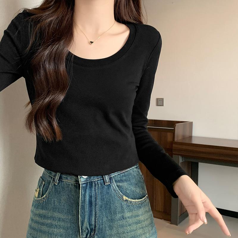 Белая Серая Хлопковая Женская Футболка с Большим U-образным Вырезом и Длинным Рукавом Осенне-Зимнего Дизайна, Открывающая Ключицы, Эластичный Облегающий Базовый Топ