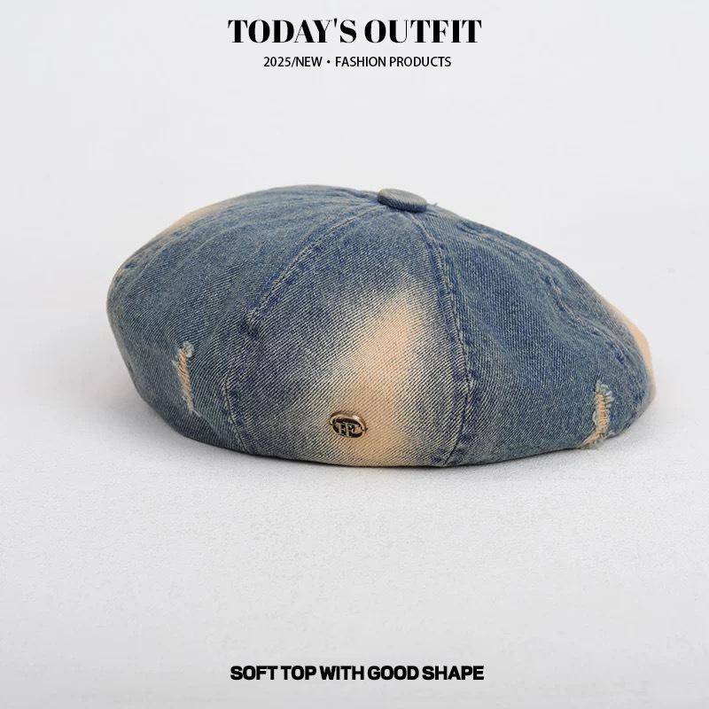 Японский Деним Высокого класса Градиентный Берет Рваный Деним Берет Разговорный Ретро Универсальный Шляпа Старого Художника