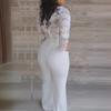 New European & American Sexy Deep V Neck White Lace Jumpsuit with Belt