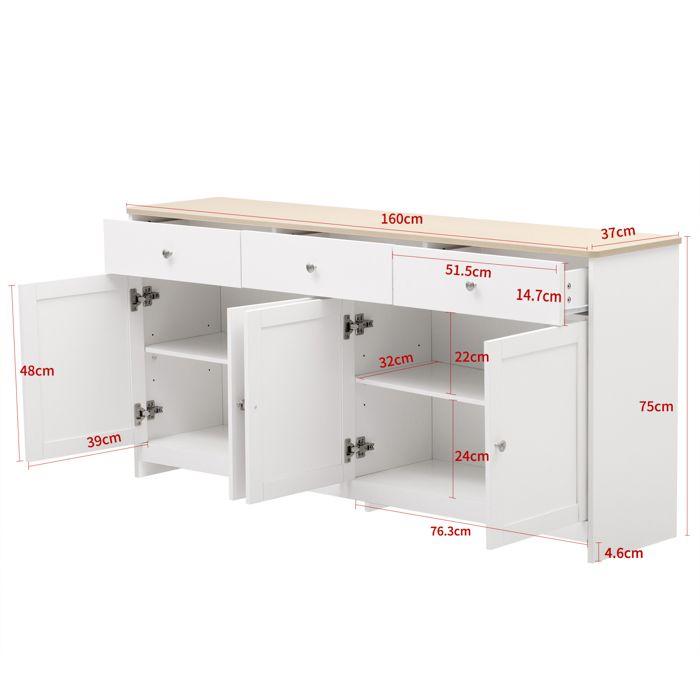 Buffet Bas - TANANT - Moderne - 4 Portes - 3 Tiroirs - Blanc et Bois