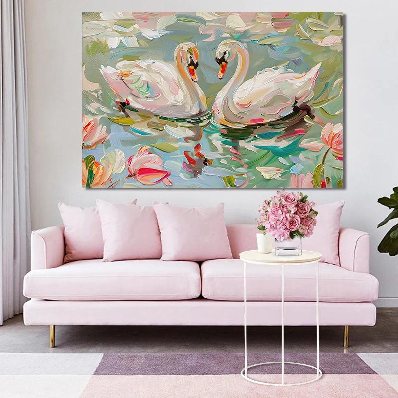 Винтажная Классическая Картина Маслом Двух Белых Лебедей в Пруду с Лотосами Постер Печать на Холсте Художественные Картины Домашний Декор Стен Комнаты Подарок