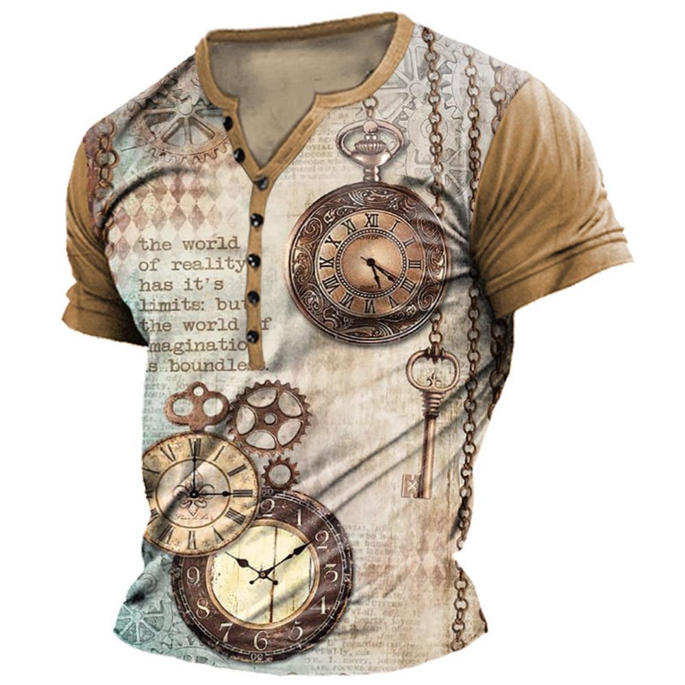 Винтажная футболка для мужчин, рубашка на пуговицах с 3D принтом, готическая хлопковая футболка с v-образным вырезом, большие топы с короткими рукавами, футболки, мужская уличная одежда в стиле панк