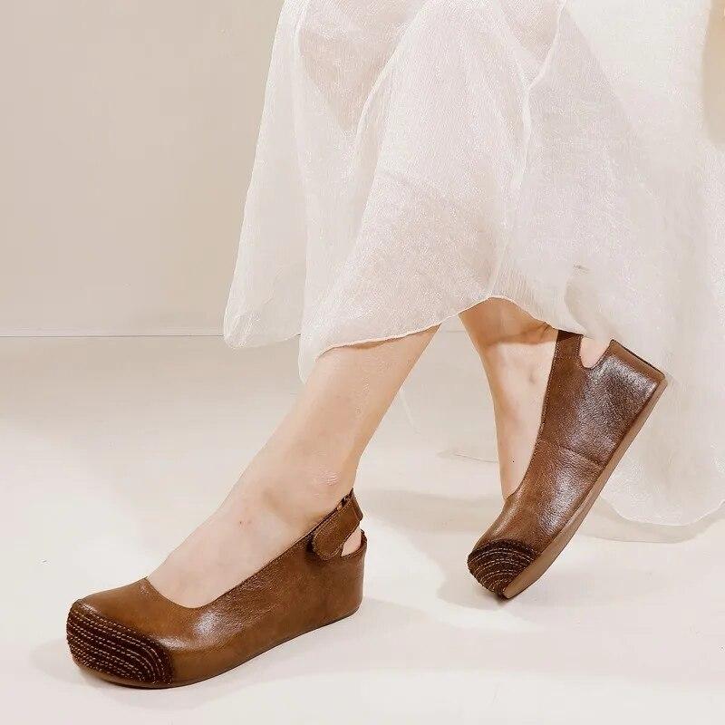 Johnature Сандалии на танкетке из натуральной кожи в стиле ретро. Удобная женская обувь с круглым носком на мягкой подошве.