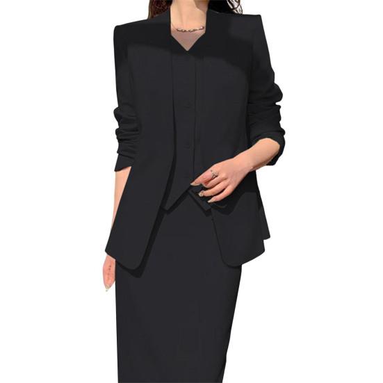 2 Pcs/Set Women Suit Coat Skirt Set Formal Business Style Long Sleeves Open Sticth Coat High Waist Slim Fit A-line Midi Skirt Outfit