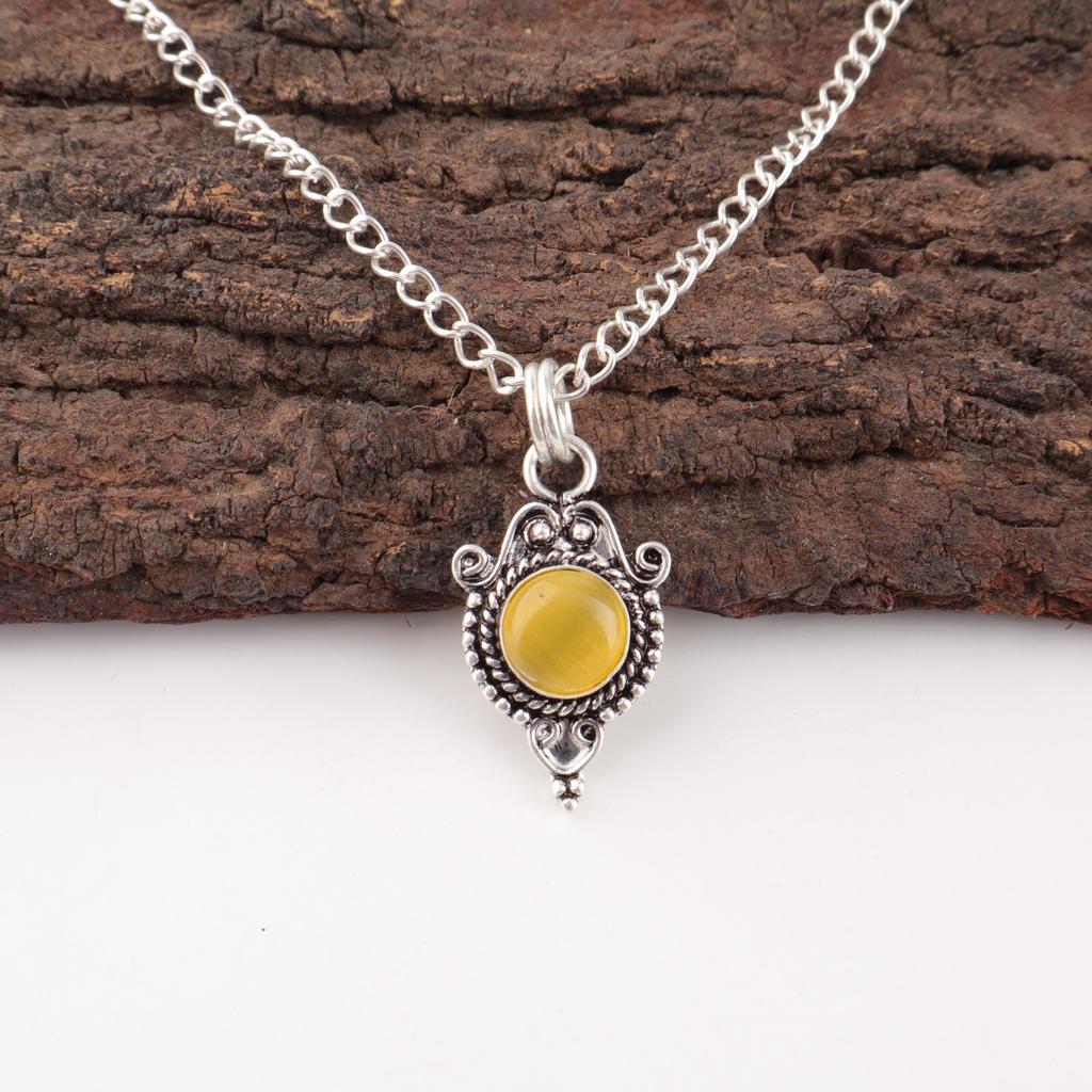 Natural Yellow Cat's Eye Gemstone 925 Sterling Silver Jewelry Handmade Pendant PP-39-48