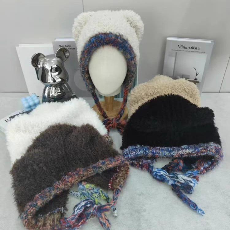 Lace-Up Bear Ears Plush Hat Women'S Winter Versatile Warm Ear Protection Knitted Hat Big Head Circumference Wool Hat