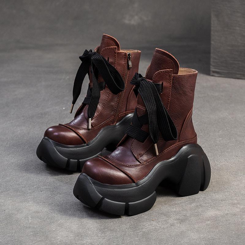 GKTINOO Ретро Ботильоны на Толстой Подошве 2025 Осень Зима Новые Натуральная Кожа Круглый Носок Однотонные Универсальные Туфли на Платформе