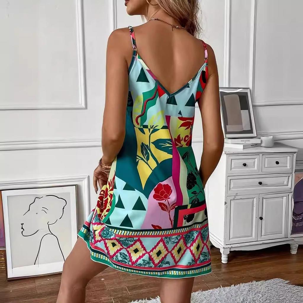 Короткое платье на бретельках с принтом в стиле бохо для женщин, короткое платье на бретельках без рукавов с v-образным вырезом и высокой талией, летнее дышащее легкое мягкое платье, пляжное платье для отдыха