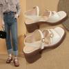 2024 New Retro Genuine Leather Women's Sandals Square High Heels  Office  Platform Buckle Shoes
