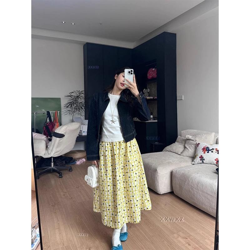Korean wear floral cake skirt women's medium and long summer new high-waisted long skirt design sense a-word skirt