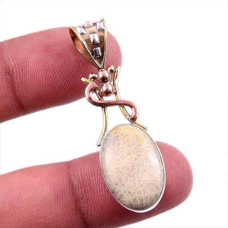 Подвеска из натурального ископаемого коралла из стерлингового серебра 925 пробы в двухцветном исполнении 1,75 дюйма l9r89