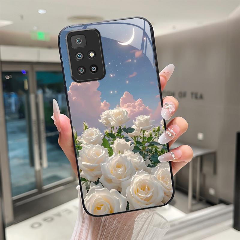 For Xiaomi Redmi 10 Prime 2022 Phone Case Tempered Glass Hard Shell flower Cute cats Coque For Redmi10 10Prime 2022 Back Cover