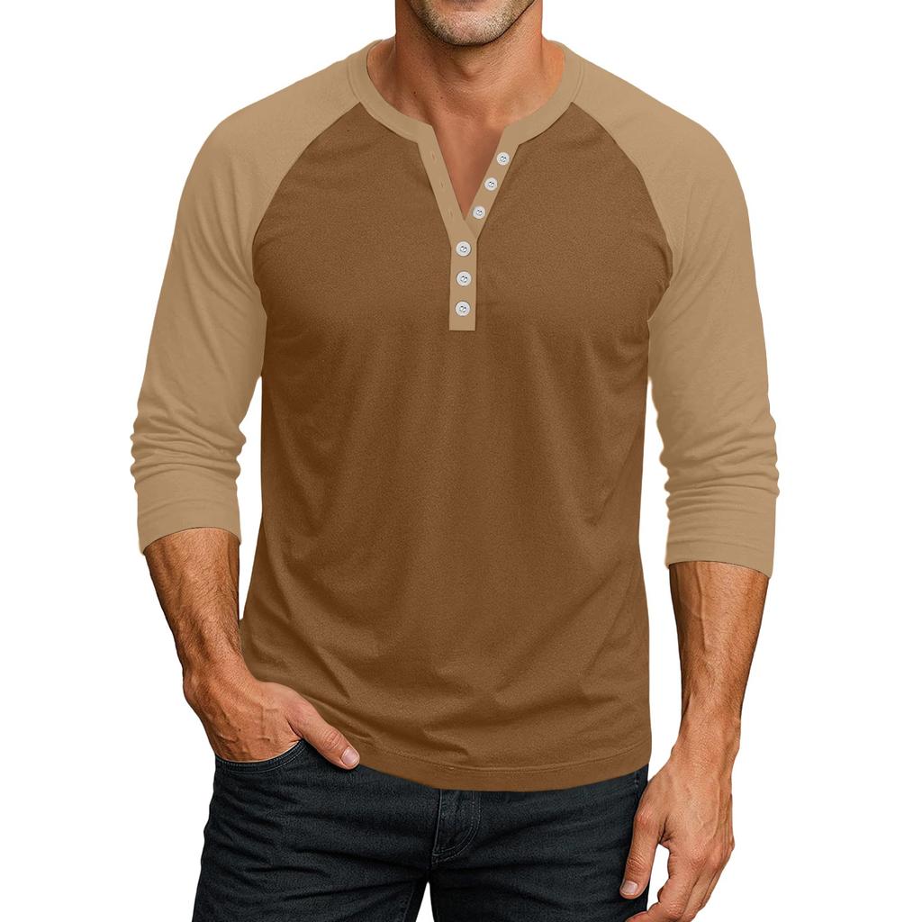 Men's Button-Down Contrast Raglan 3/4 Sleeve Top