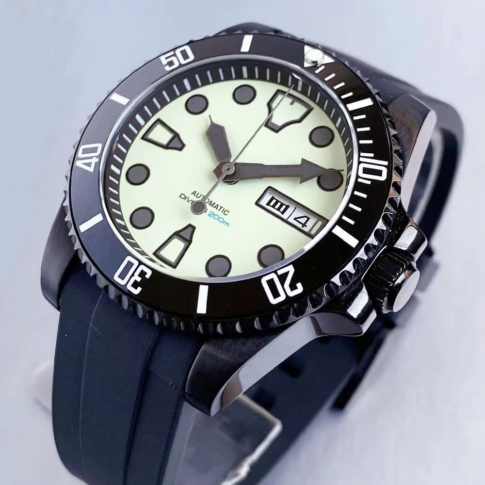 Tandorio Business Black PVD Water Ghost Diver Men Watch Full Green Lume Dial Automatic NH36A Date Week Mechanical Men Watches