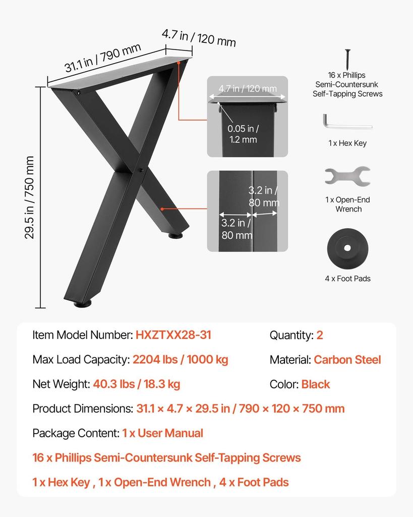 Table Legs, 750 x 790 mm (H x W) Steel Furniture Legs, Modular Design, Easy Assembly, 1000 kg Max Load Heavy Duty, for Home Office Desk, Coffee Dinner