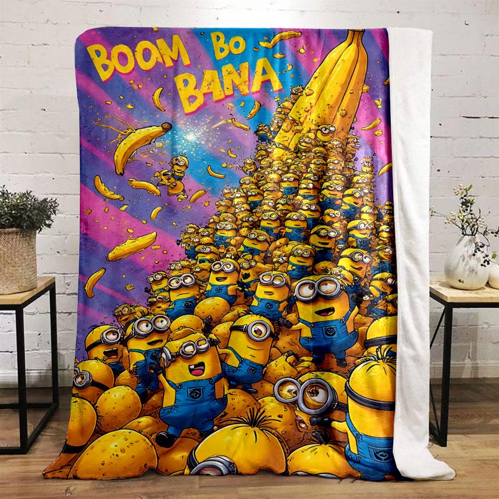 A crowd of yellow characters with goggles near a giant banana explosion. for all seasons blanket lunch break throw gift