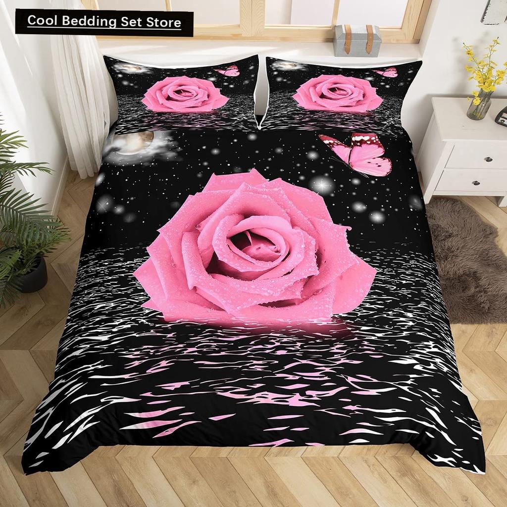 Пододеяльник Golden Red Rose King Queen Романтический комплект постельного белья с цветочным принтом Цветы ко Дню святого Валентина Пододеяльник из полиэстера