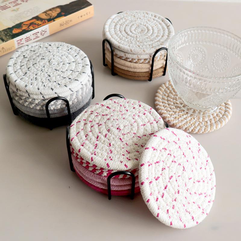 8Pcs Cup Coasters for Drinks Absorbent Woven Coaster Set with Holder Farmhouse Cloth Fabric Cup Coasters for Coffee Tea