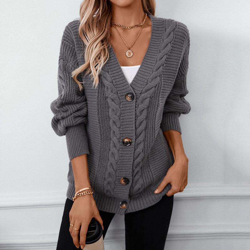 Autumn and Winter Women's Plus Size V-neck Sweater Loose Casual Lantern Sleeve Twist Knitted Cardigan
