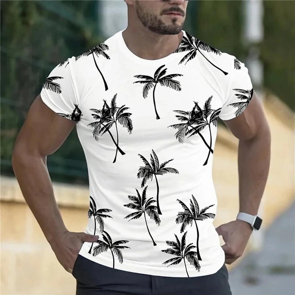 Summer Coconut Tree 3D Printed T-Shirt Streetwear Short Sleeve Round Neck Cool T-Shirt for Men Hawaiian Top