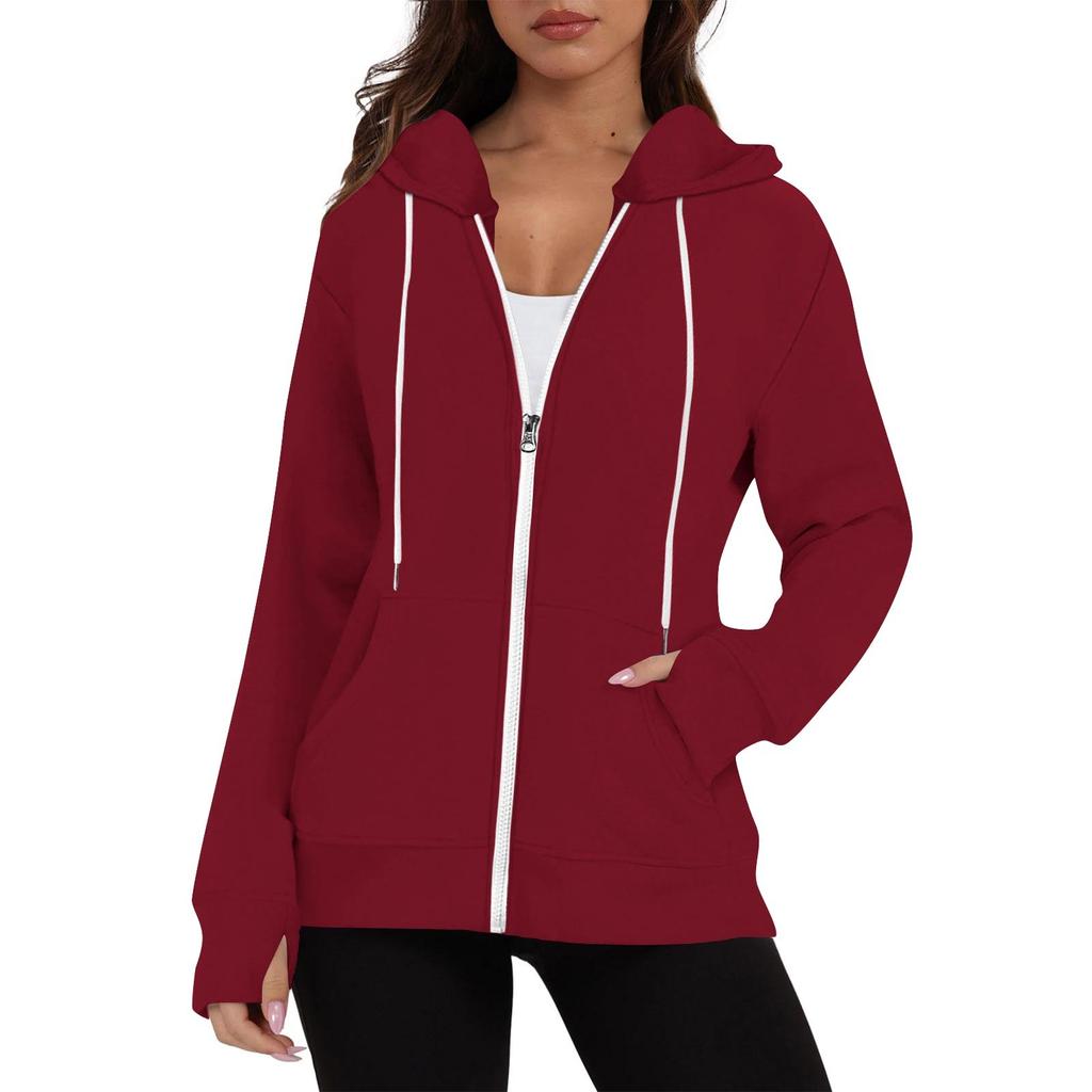 Женская модная однотонная толстовка с длинным рукавом, карманом, шнурком, капюшоном, молнией, отверстием для большого пальца