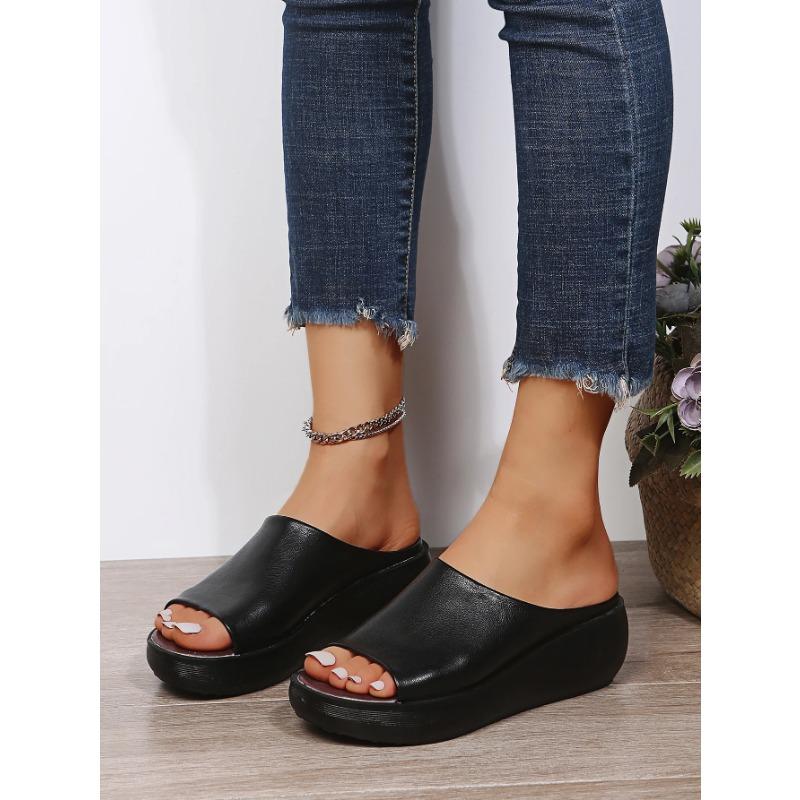 Женские тапочки, лето 2024, новинка 2024 года, женская обувь на танкетке в этническом стиле с рыбьим ртом, одно слово, женская обувь на толстой подошве, большой размер