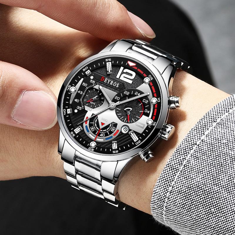 3pcs/set, Fashion Men's Calendar Sports Quartz Watch with Stainless Steel Strap & Bracelet & Necklace, Best Gifts for Him
