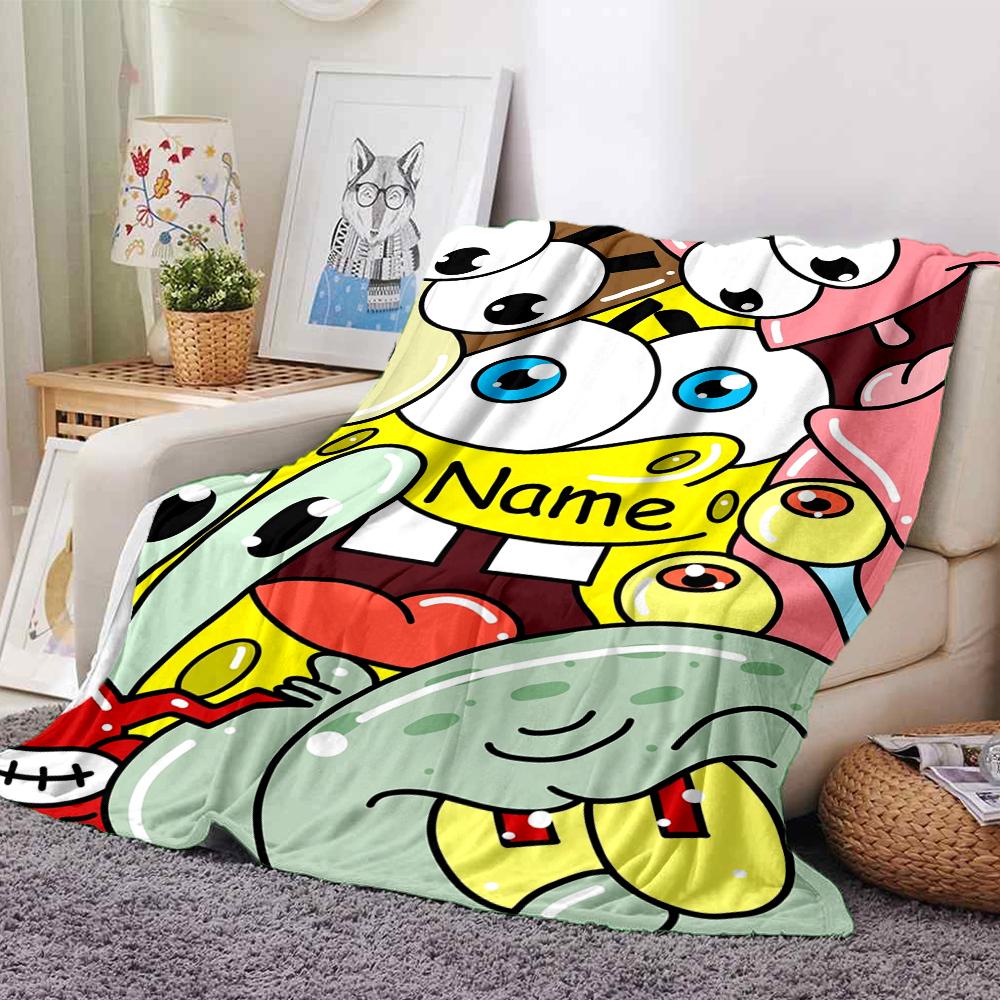 Custom Name Spongebob Squarepants Theme Printed Blanket Perfect For Couch Bed Travel Outdoor Use Machine Washable Cozy Durable
