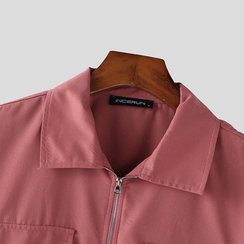 INCERUN Мужские повседневные рубашки-карго с воротником-лацканами и коротким рукавом на молнии