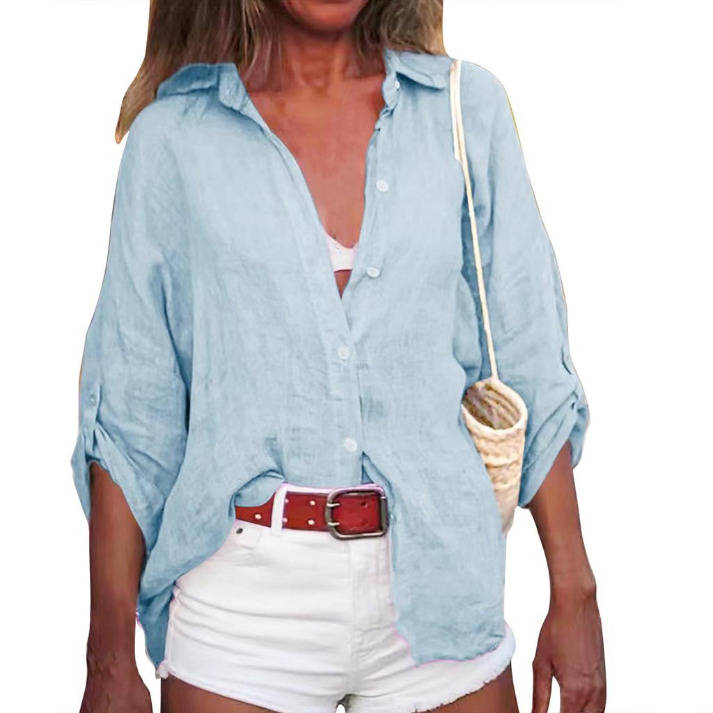 Женская летняя хлопково-льняная однотонная свободная рубашка с семиточечным рукавом и v-образным вырезом