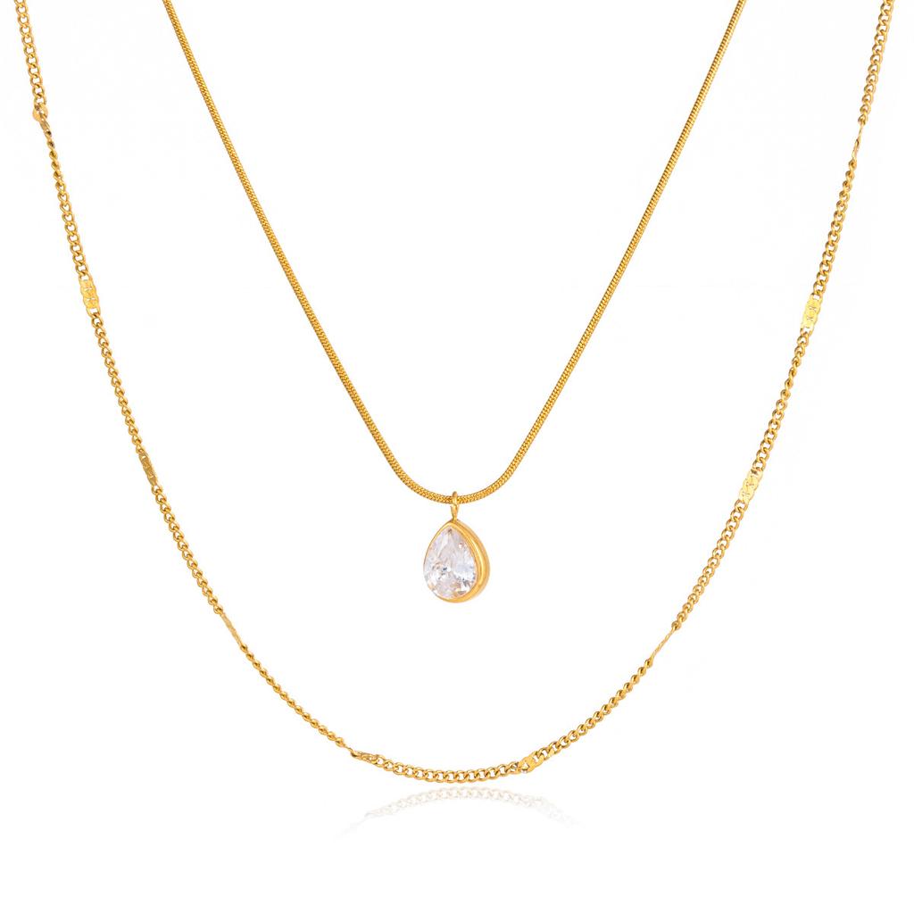 Stylish Versatile Gold Plated Stainless Steel Zircon Water Drop Pendant Necklace Link Chain Multi-layer Stackable Charm Necklace
