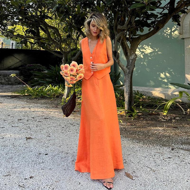 Solid Color Two Piece Set for Women 2025 Fashion V Neck Sleeveless Top High Waist Temperament Skirts Elegant 2 Piece Sets Female