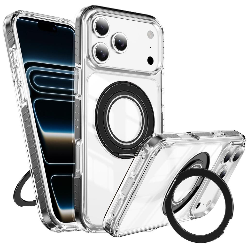 Магнитный прозрачный чехол для iPhone 17 Pro Max с двухцветной вращающейся подставкой для Apple 16/15 Pro