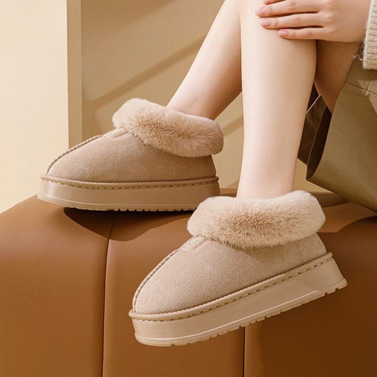 Женские зимние тапочки из хлопка с каблуком-мешком, высокие зимние сапоги из плюша с интегрированным мехом и теплая домашняя хлопковая обувь