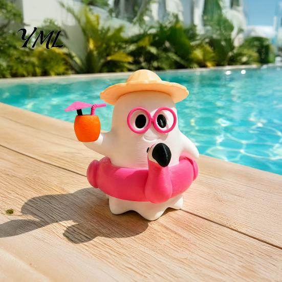 Ghost Figurines for Tabletop 3D Printed Summer Figurine, Cute Beach Theme Ornament with Unique Gift Friends Straw Hat Swimming Ring And Gasses