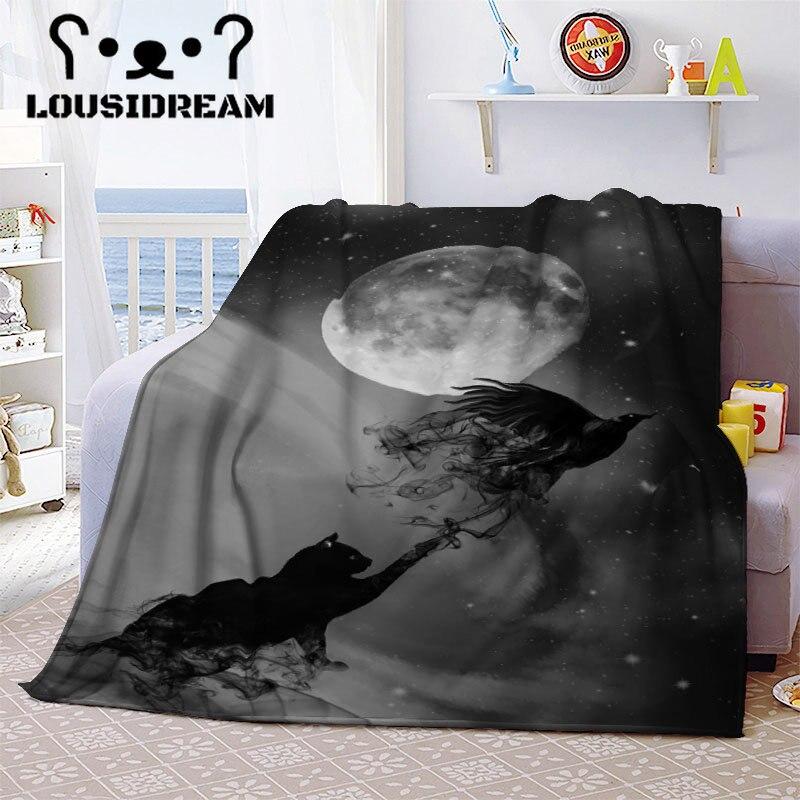 Witch Black Cat Halloween Throw Blanket Cat Mysterious Divination Witchcraft Lucifer Portable Flannel Blanket for Bedding Travel
