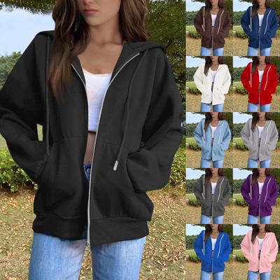 Женская однотонная толстовка с длинными рукавами, круглым вырезом, плюшевой молнией, капюшоном и шнурком