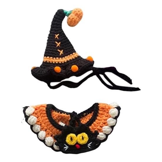 Хэллоуин Домашний питомец Шляпа-тыква Набор ошейника с привидением Регулируемый наряд в готическом стиле для кошек, маленьких собак, вязаные аксессуары для костюма