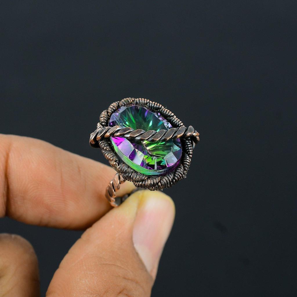 Mystic Topaz Gemstone Copper Wire Wrapped Handmade Jewelry Ring Gift For Woman