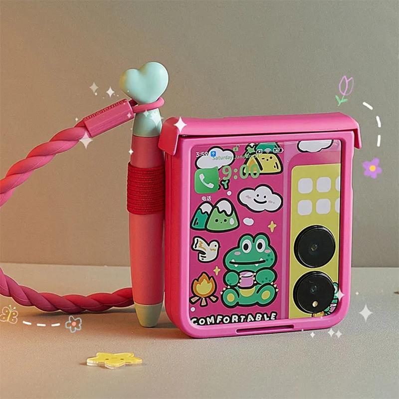 Z Flip7 Case with Stylus Cartoon 3D Phone Cases for Samsung Galaxy Z Flip7 ZFlip6 ZFlip5 ZFlip4 ZFlip3 /Xiaomi mix flip Cases with Strap Lanyard